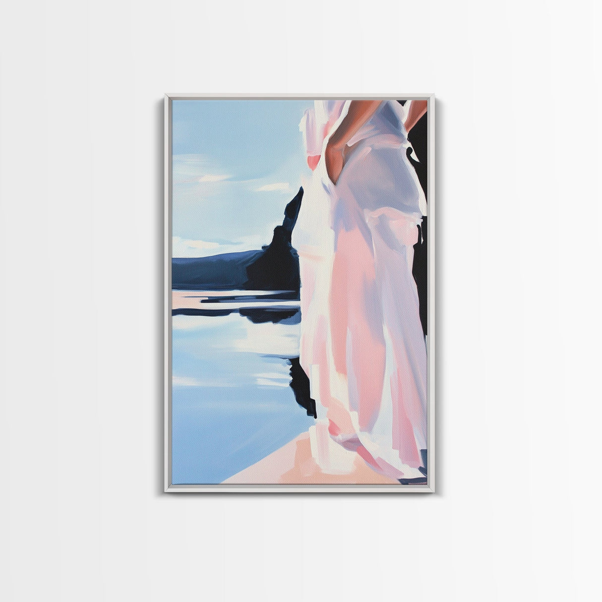 Woman by Water, Soft Pastel Art, Romantic Beach Scene, Minimalist Print, Framed Canvas Print, Tranquil Home Decor, Feminine Wall Art