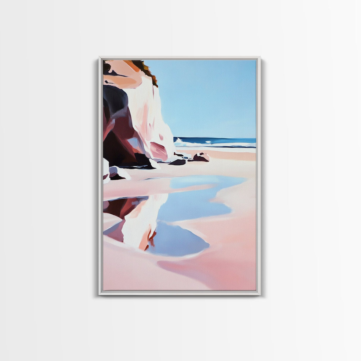Cliffside Beach, Coastal Retreat, Relaxing Seascape, Ocean View, Soft Pastels, Tranquil Art, Summer Vibes, Framed Canvas Print