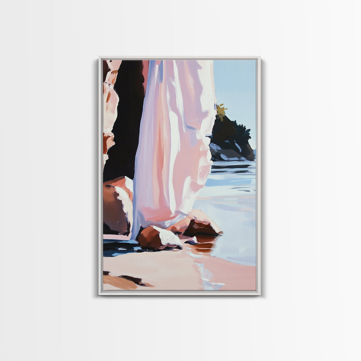 Seaside Cliffs, Coastal Abstract, Modern Beach Art, Ocean Painting, Minimalist Seascape, Blue and Pink Decor, Framed Canvas Print