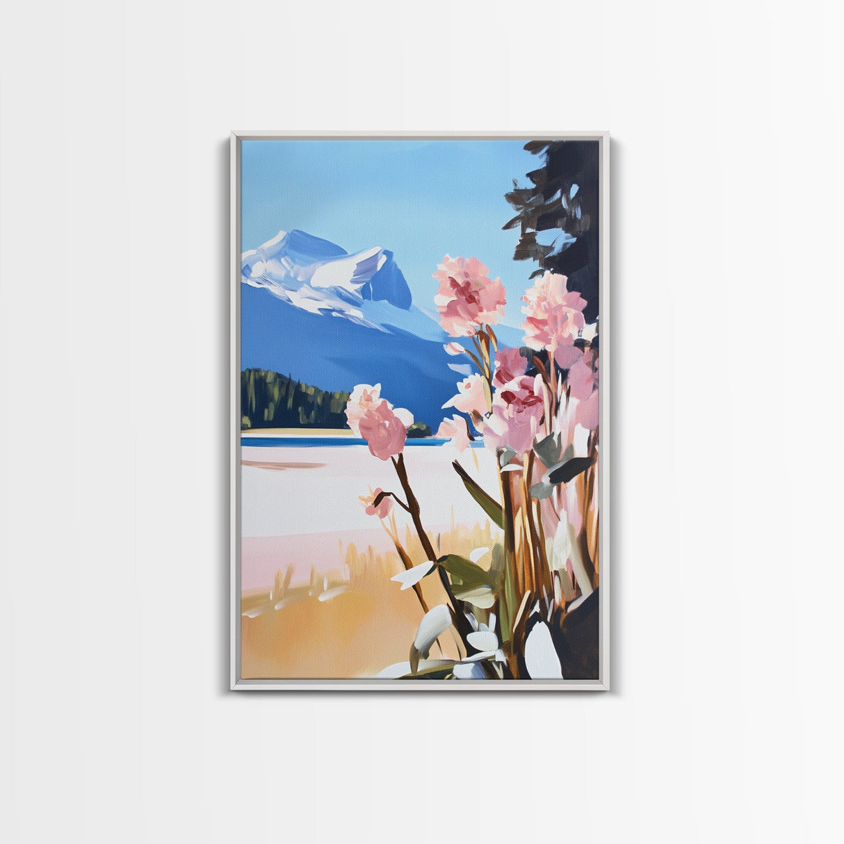 Mountain Flowers, Nature Landscape, Romantic Aesthetic, Rustic Cabin, Framed Canvas Print, Cozy Home Decor, Living Room Wall Art