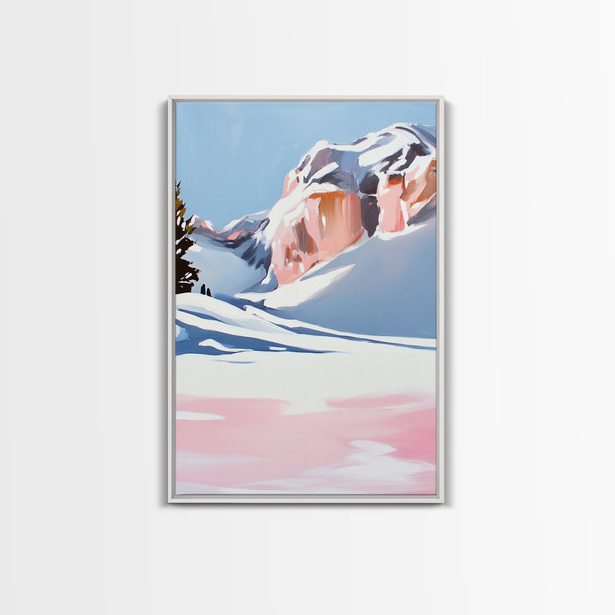 Snowy Mountains, Pink Winter Landscape, Minimalist Christmas Art, Modern Nature Painting, Cozy Lodge Wall Art, Canvas Print