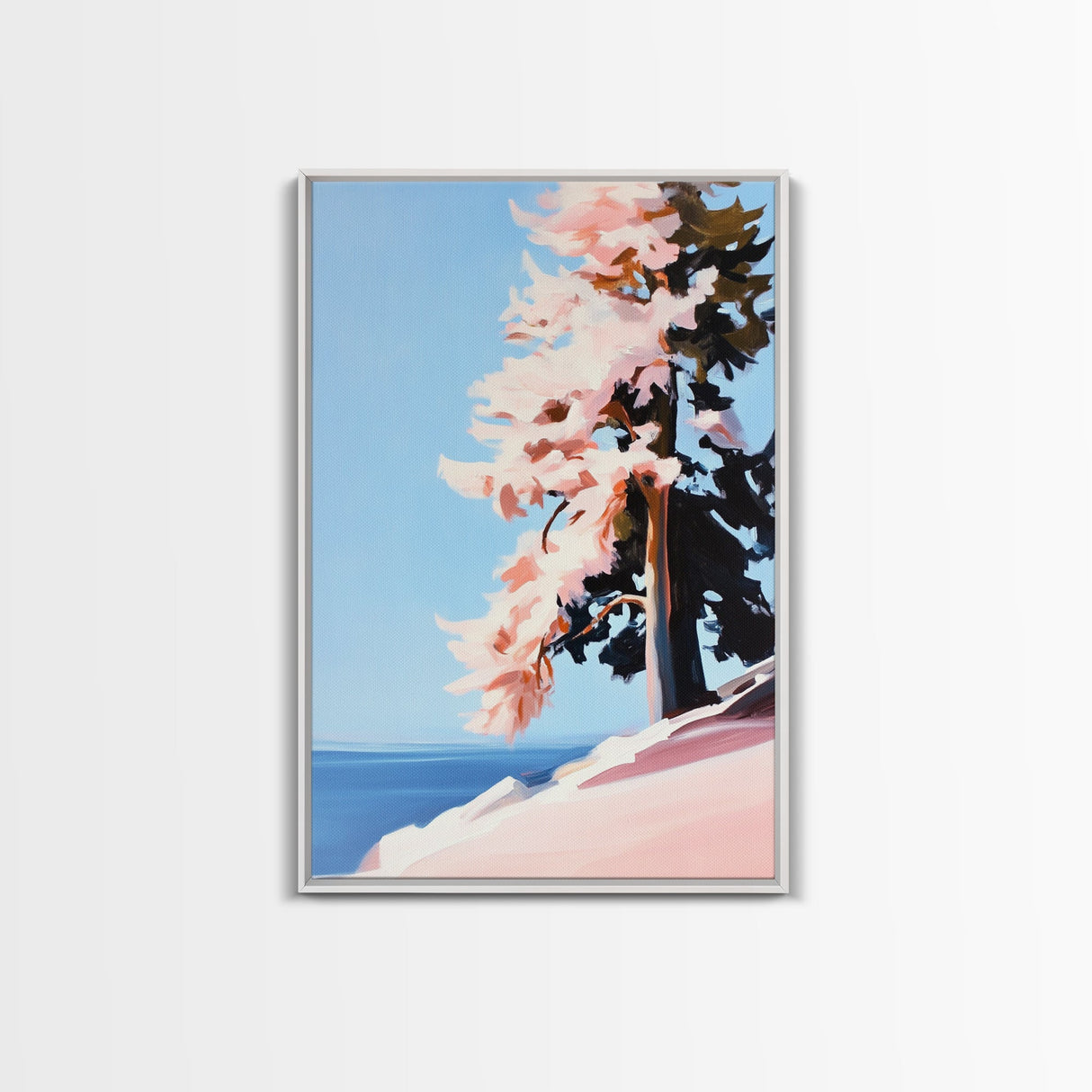 Serene, Mountain View, Pine Tree, Framed Canvas Print, Nature Inspired Wall Art, Peaceful Landscape, Minimalist Home Decor, Office Art