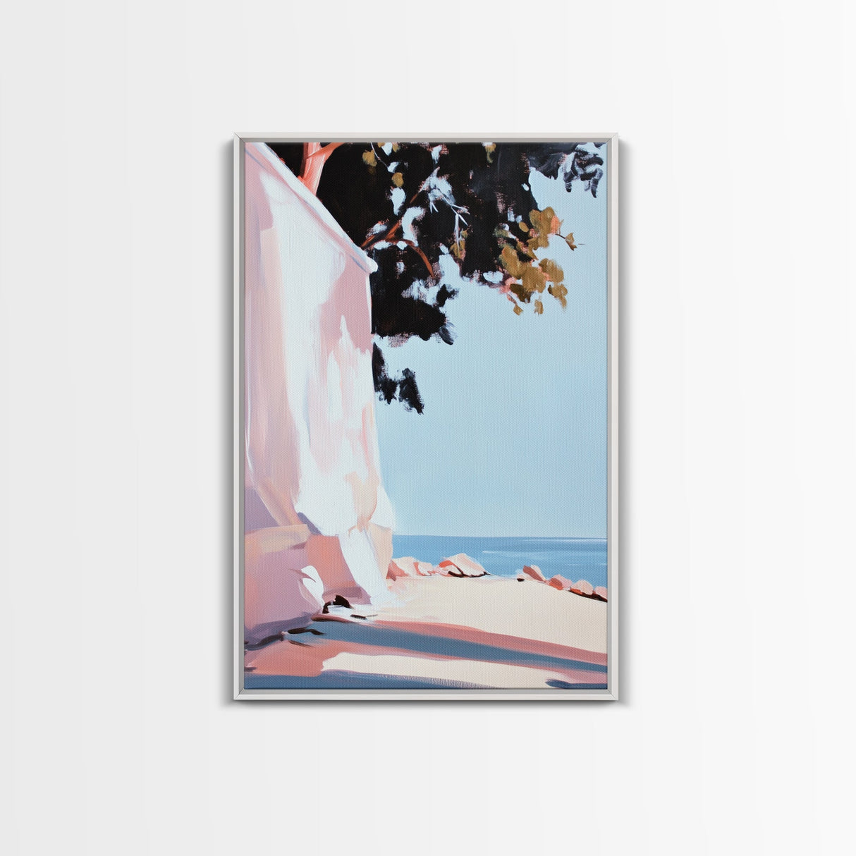 Seaside Shade, Coastal Rock Art, Oceanfront Painting, Framed Canvas Print, Minimalist Beach Decor, Tranquil Landscape Wall Art