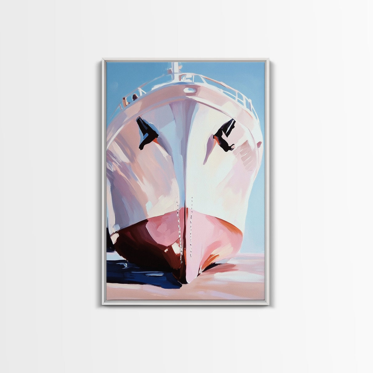 Large Boat, Reflection, Ocean, Framed Canvas Print, Nautical Wall Art, Coastal Home Decor, Travel Aesthetic, Living Room Art, Minimalist