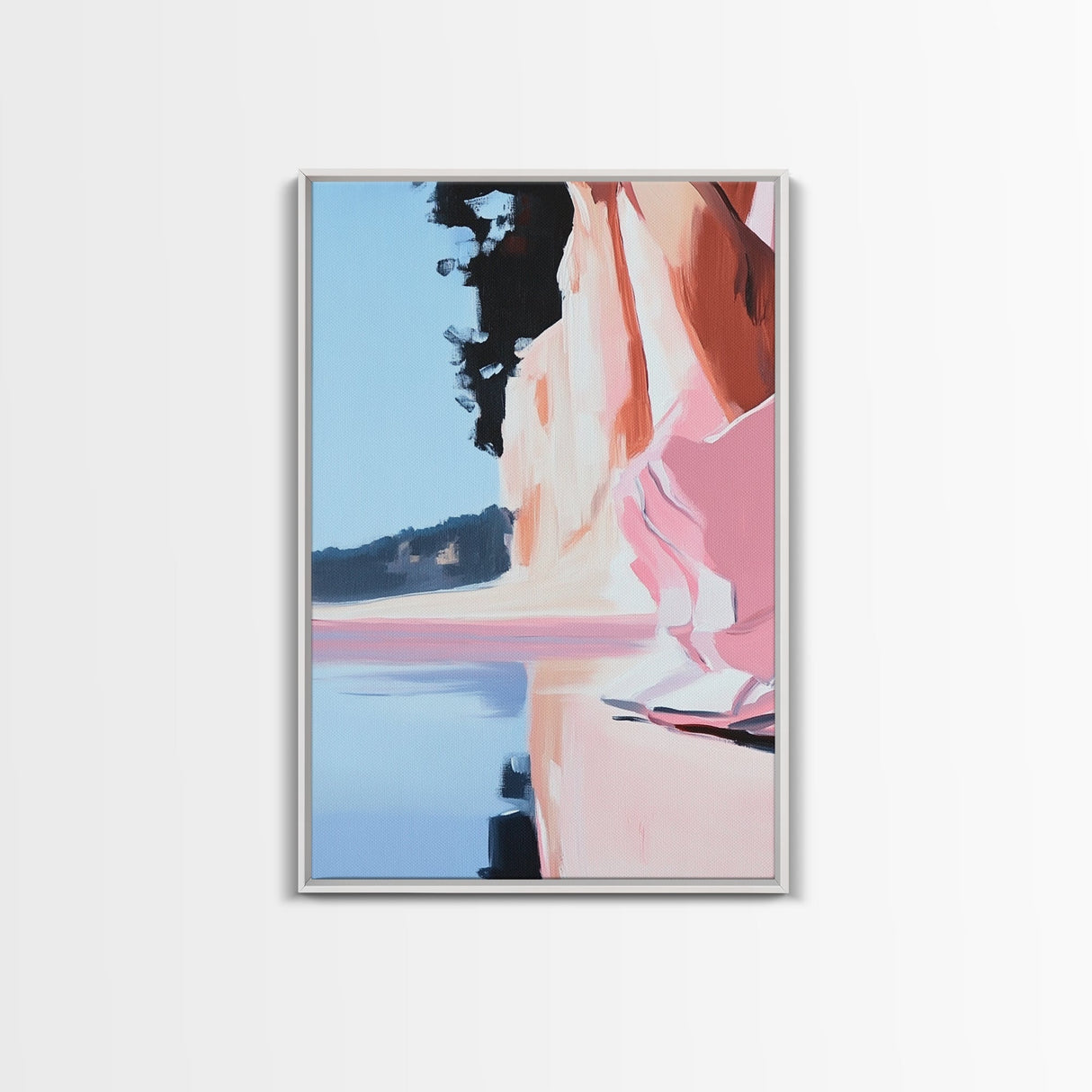 Lakeside Reflection, Calm Water Art, Serene Landscape, Pink and Blue Painting, Boho Minimalist Decor, Framed Canvas Print, Gift Idea