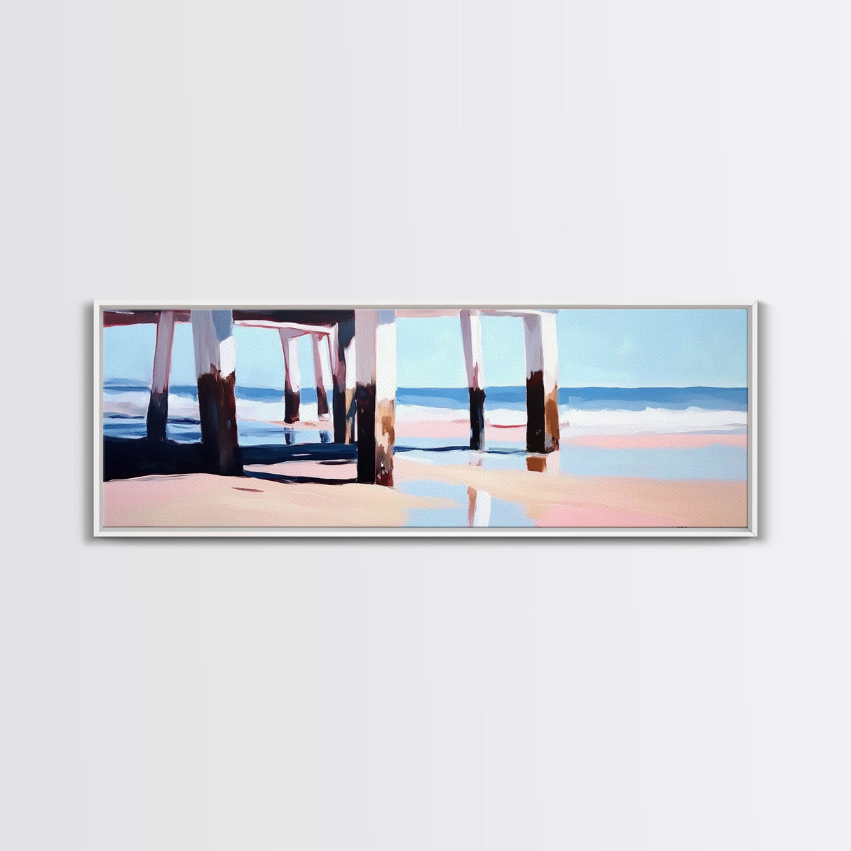 Beach Pier, Ocean Waves, Coastal View, Framed Canvas Print, Nautical Wall Art, Seaside Decor, Minimalist Beach House Art, Blue