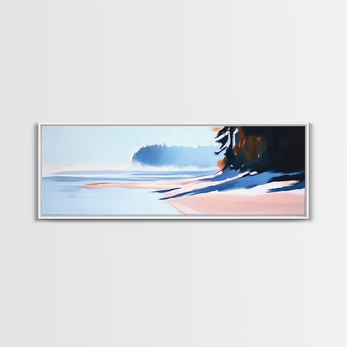 Misty Shoreline, Coastal Landscape Art, Minimalist Seascape, Ocean View, Framed Canvas Print, Modern Home Decor, Living Room Art