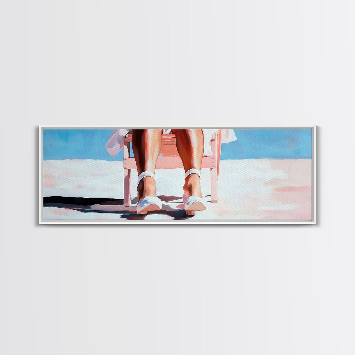 Woman Relaxing, Beach Chair Art, Coastal Summer Scene, Framed Canvas Print, Minimalist Boho Decor, Serene Seaside Home Artwork