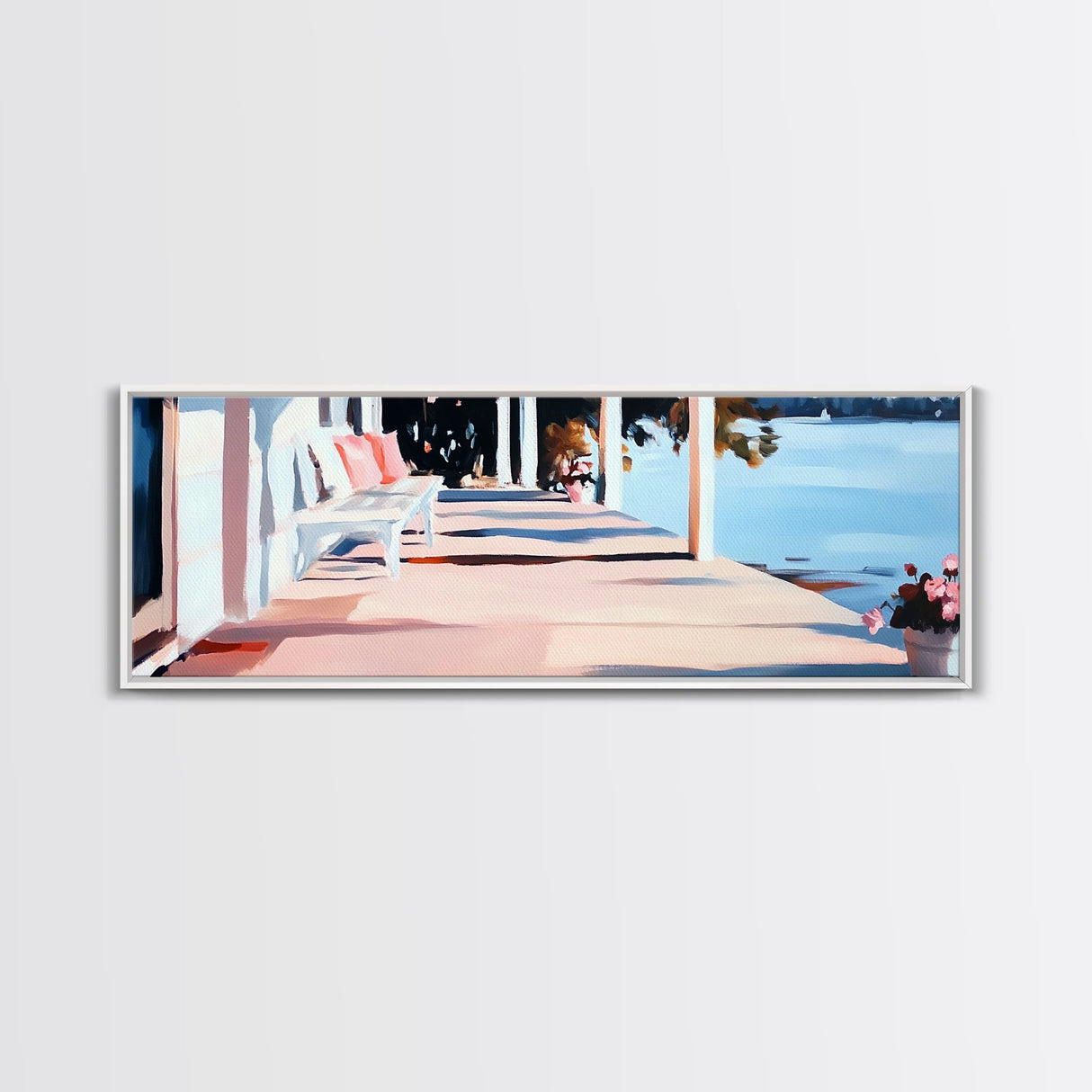 Lakeside Porch, Cozy Home Art, Summer House Aesthetic, Rustic Elegance, Pink and Blue Decor, Warm Vibes, Canvas Print, Relaxing View