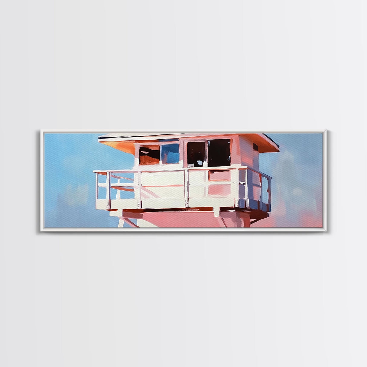 Lifeguard Tower, Ocean, Coastal, Framed Canvas Print, Beach House Decor, Nautical Wall Art, Minimalist Aesthetic, Blue and White Tones