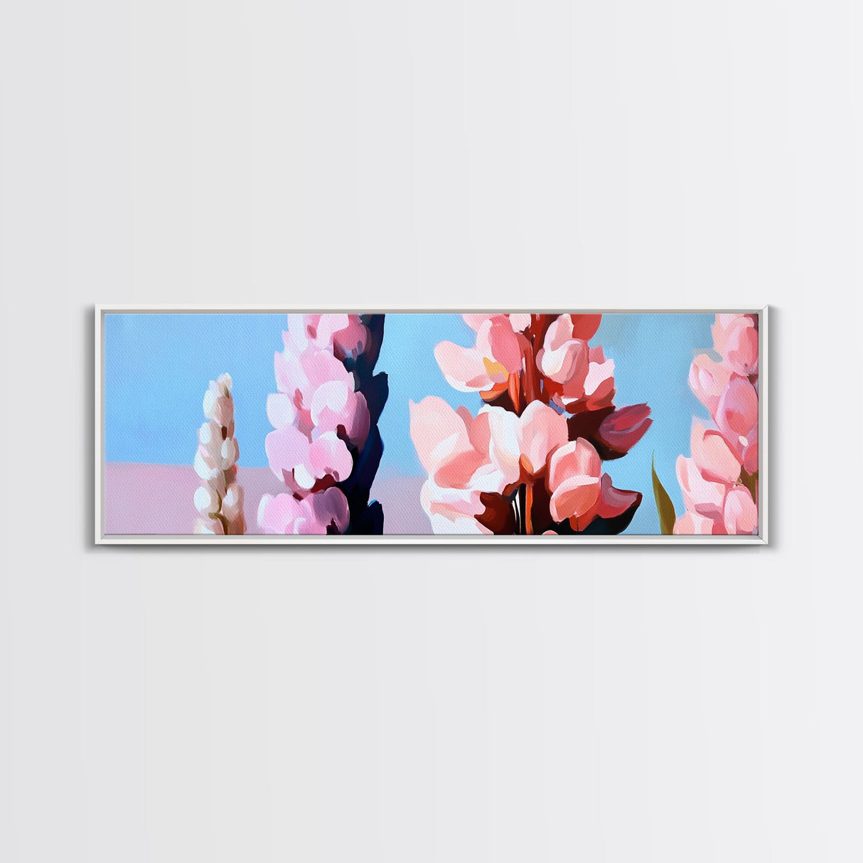 Pink Lupine, floral botanical art, wildflower nature print, soft pastel home decor, farmhouse style, framed canvas print, garden art