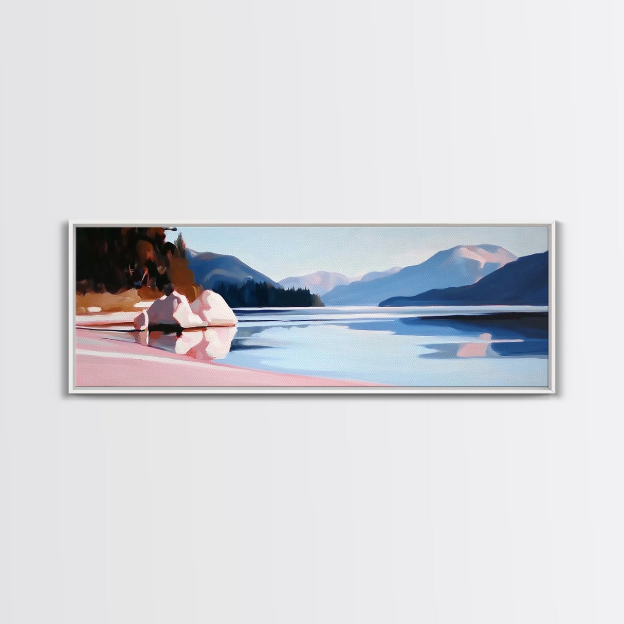 Mountain Lake, Nature Wall Art, Office Decor, Framed Canvas Print, Tranquil Landscape, Minimalist Artwork, Neutral Home Aesthetic