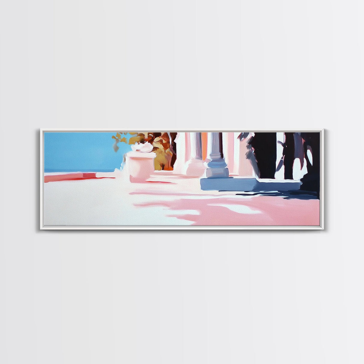 Mediterranean Villa, Sunlit Terrace, Minimalist Landscape, Canvas Print, Living Room Wall Art, Soft Pastels, Modern Architecture Decor