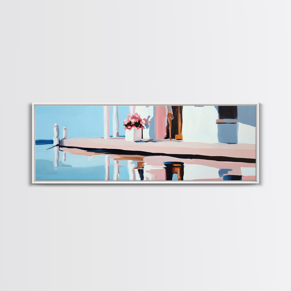 Poolside Reflection, Elegant Patio, Coastal Artwork, Framed Canvas Print, Summer Aesthetic, Modern Living Room Decor, Soft Blues