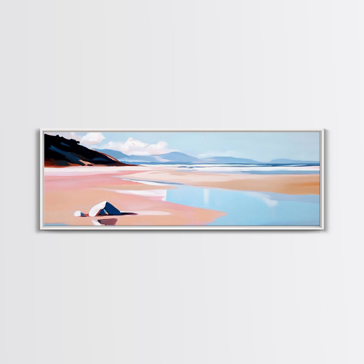 Sunset Beach, Warm Coastal View, Minimalist Ocean Art, Canvas Print, Living Room Wall Art, Tranquil Shoreline, Soft Pink Tones