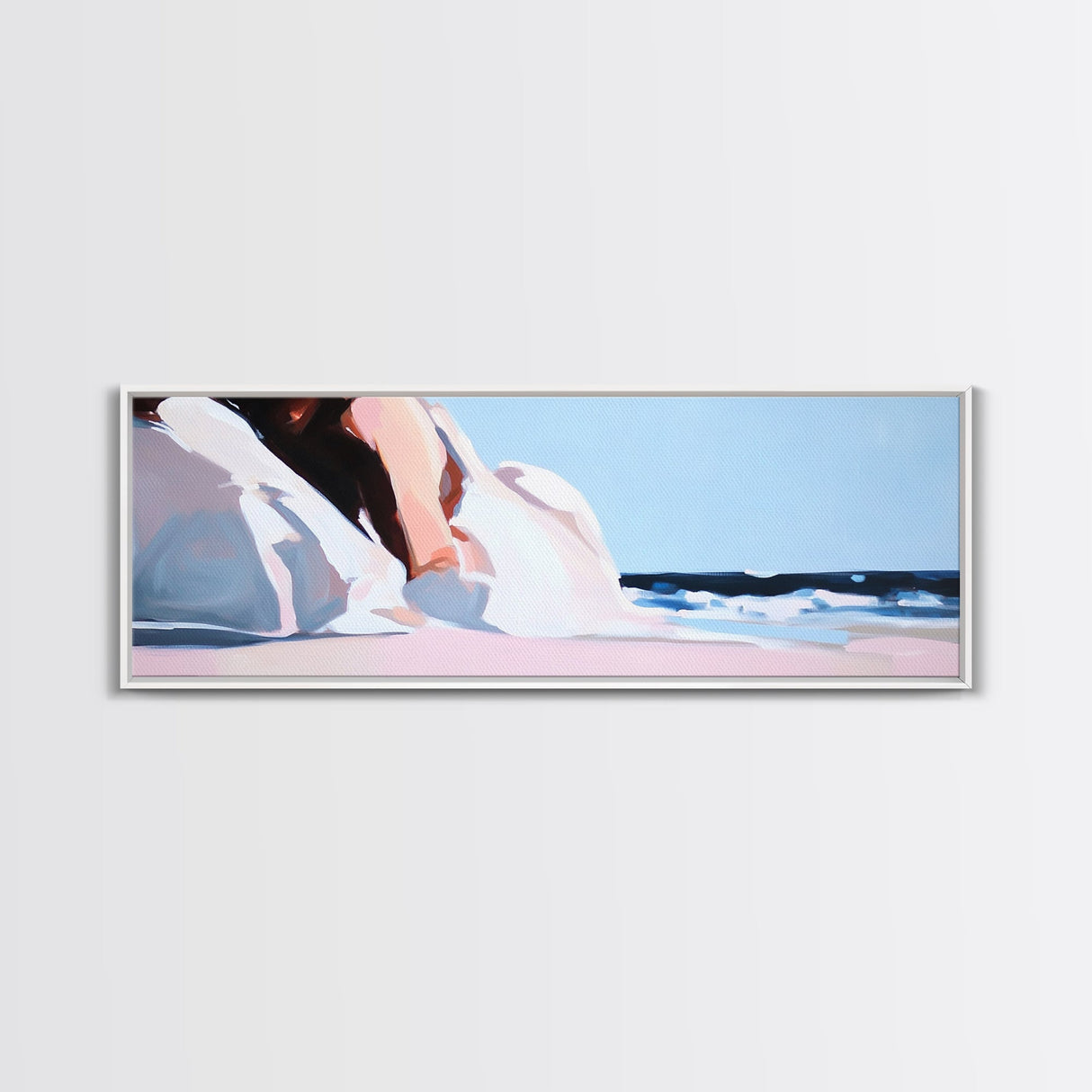 Seaside Woman, Beach Elegance, Minimalist Fashion, Framed Canvas Print, Coastal Wall Art, Soft Pastel Decor, Summer Aesthetic