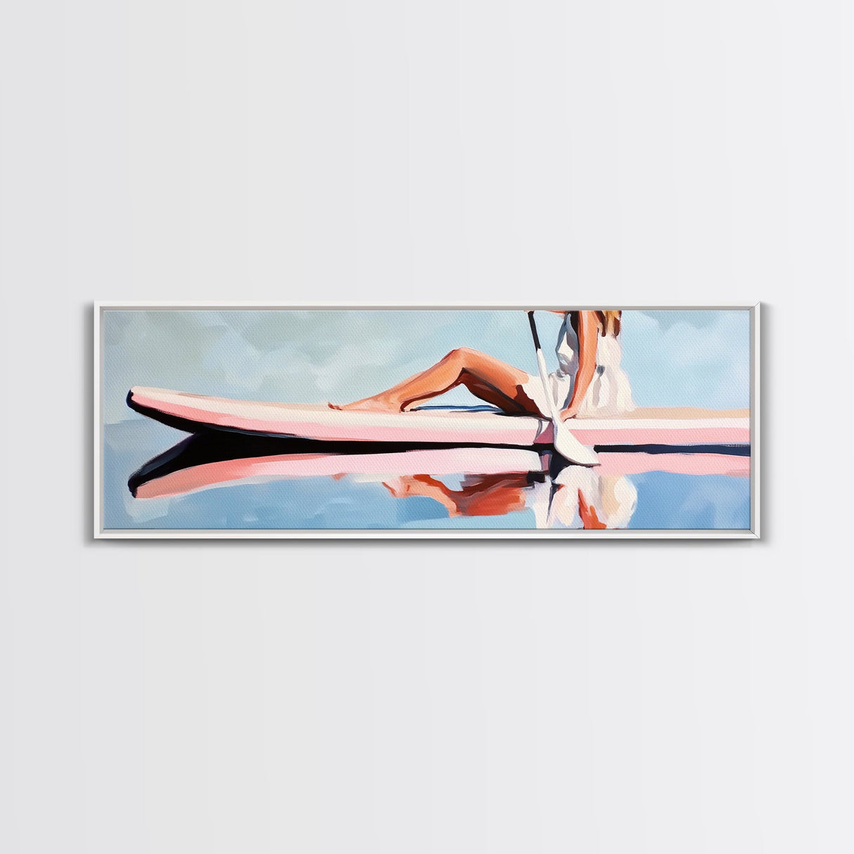 Paddleboard Reflection, Tranquil Water, Minimalist Art, Canvas Print, Serene Wall Decor, Coastal Aesthetic, Soft Pastel Home Decor