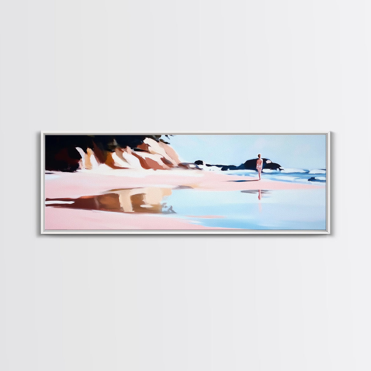Serene Beach Walk, Peaceful Ocean Art, Coastal Wall Decor, Minimalist Framed Canvas Print, Pastel Seascape, Relaxing Bedroom Artwork