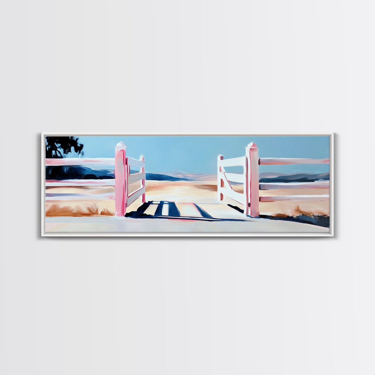 Open Gate, Countryside Fence, Rural Landscape, Framed Canvas Print, Warm Home Decor, Farmhouse Wall Art, Minimalist Design, Serene