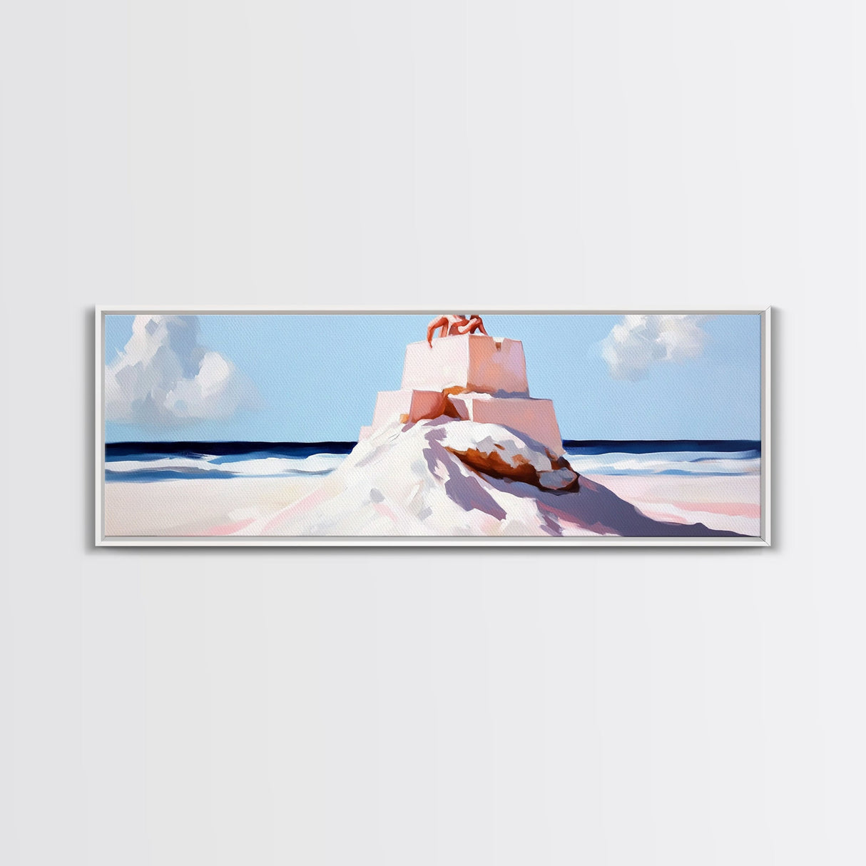 Sandcastle Art, Coastal Painting, Nautical Wall Decor, Beach House Art, Seascape Print, Pastel Tones, Kids Room Art, Framed Canvas Print