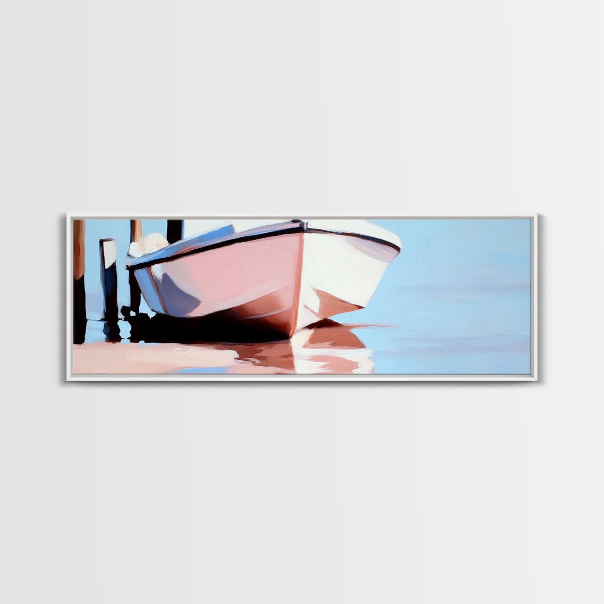 Docked Boat, Nautical Charm, Maritime Art, Framed Canvas Print, Coastal Living Room Decor, Beach House Wall Art, Ocean Painting