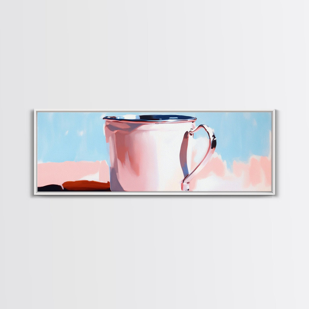 Enamel Mug Painting, Rustic Kitchen Art, Pastel Coffee Print, Still Life, Large Canvas Print, Modern Home Decor, Cozy Wall Art