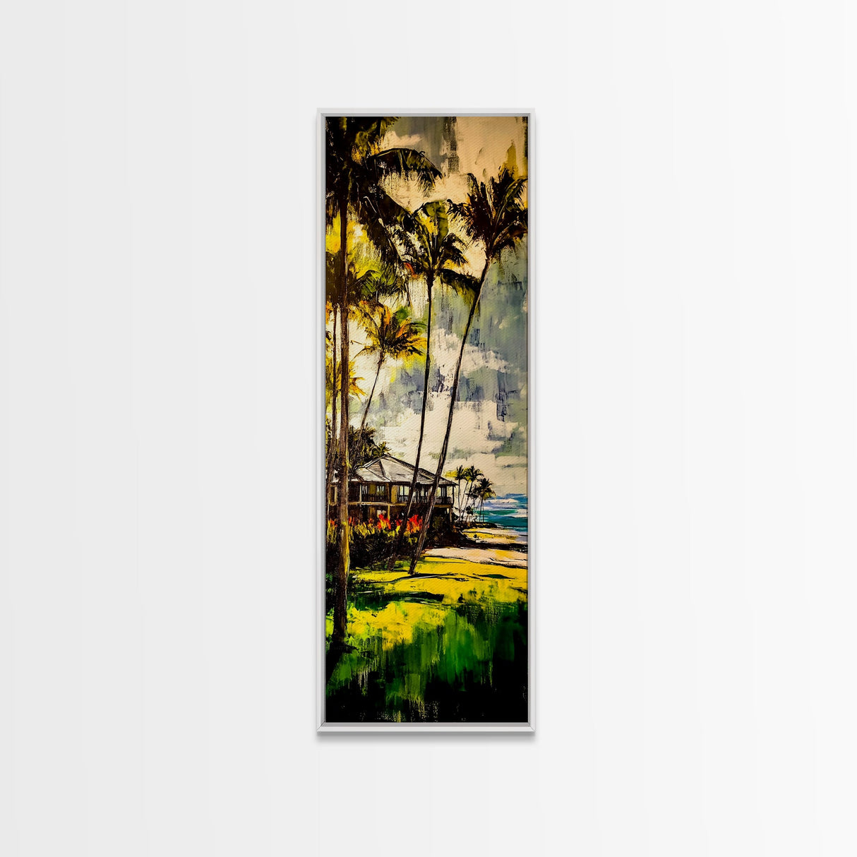 Tropical Landscape Painting, Palm Tree Art, Beach House Wall Decor, Coastal Summer Art, Vibrant Green and Yellow Art, Framed Canvas Print