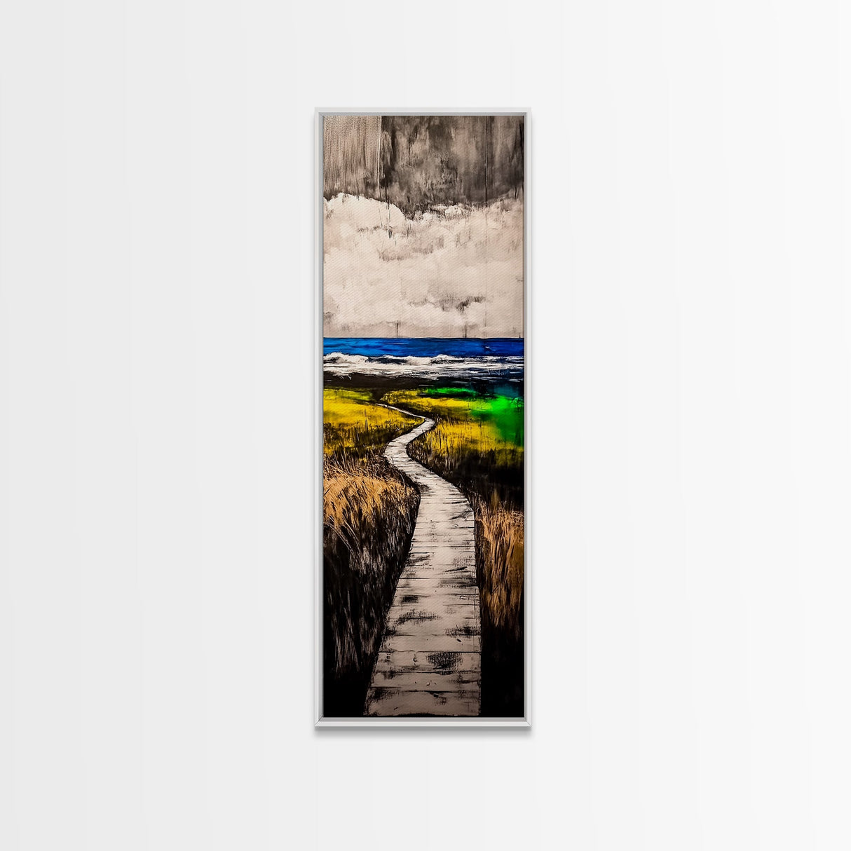 Boardwalk, Beach Path Art, Coastal Living Room Decor, Ocean Horizon Print, Tranquil Landscape, Relaxing Home Aesthetic, Framed Canvas Print
