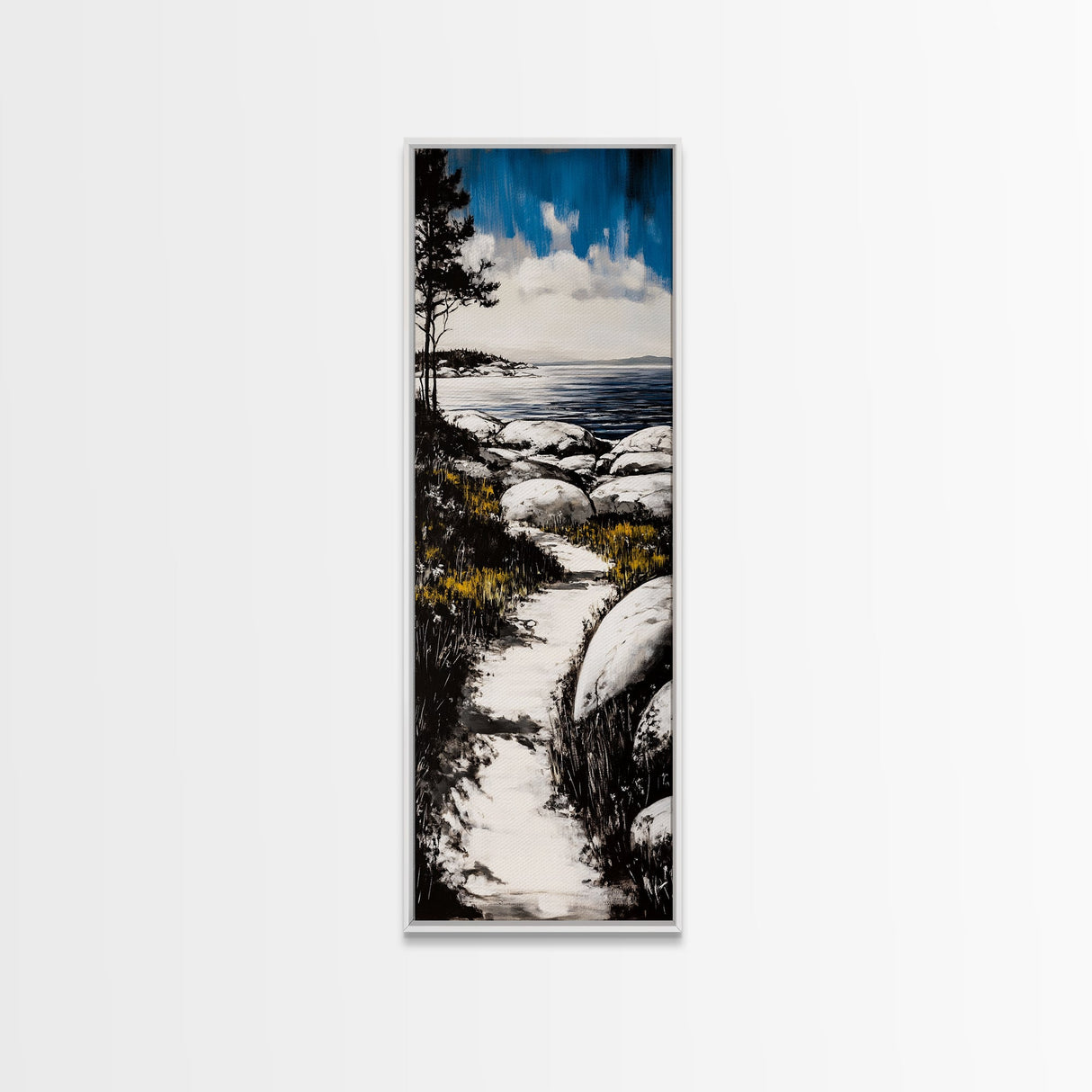 Coastal Landscape, Beach Path Wall Art, Modern Seaside Art, Blue and Black Art, Living Room Decor, Nautical Art, Framed Canvas Print