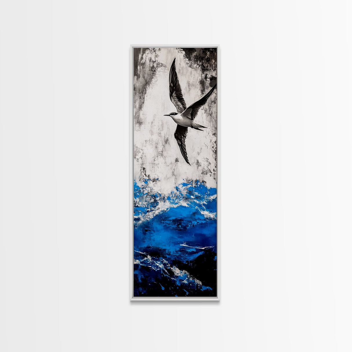 Ocean Bird, Stormy Waves, Blue and White, Framed Canvas Print, Nautical Wall Art, Minimalist Coastal Decor, Bedroom Artwork