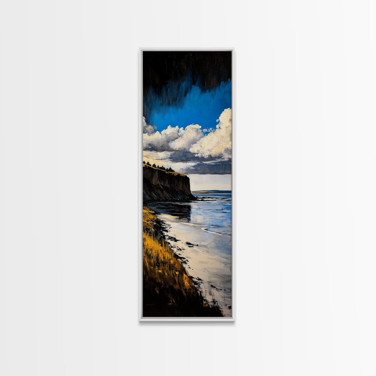 Coastal Cliff Art, Seaside Landscape Painting, Ocean View Wall Decor, Nature Home Design, Relaxing Beach Scene, Framed Canvas Print