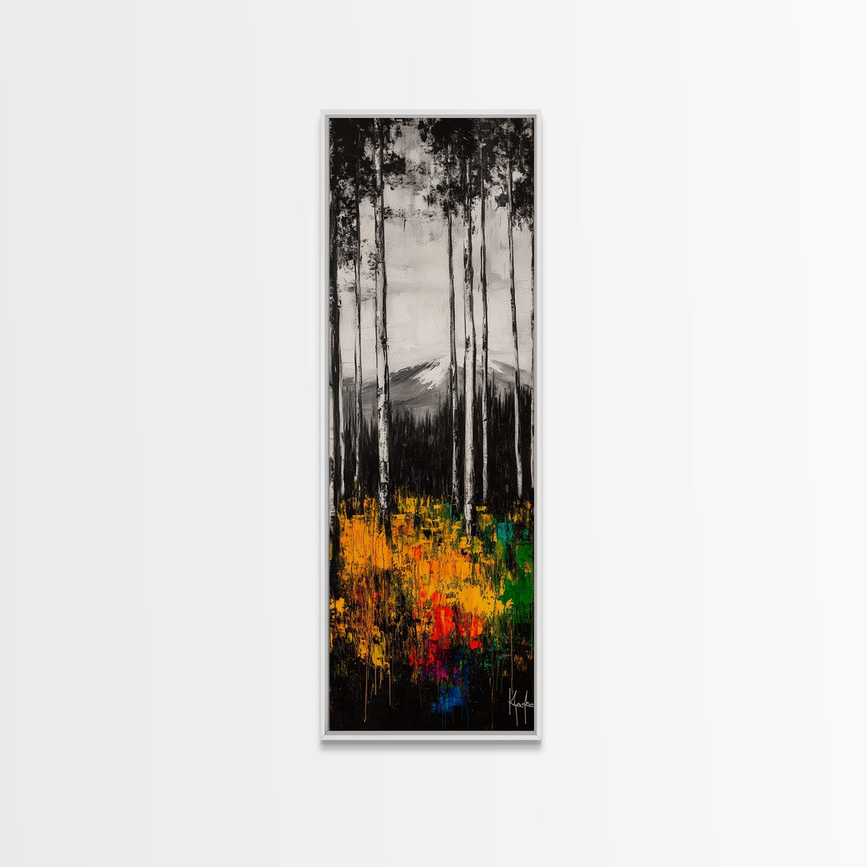 Birch Forest Painting, Mountain Wall Art, Black and White Landscape, Nature Artwork, Cabin Decor, Fall Art, Framed Canvas Print