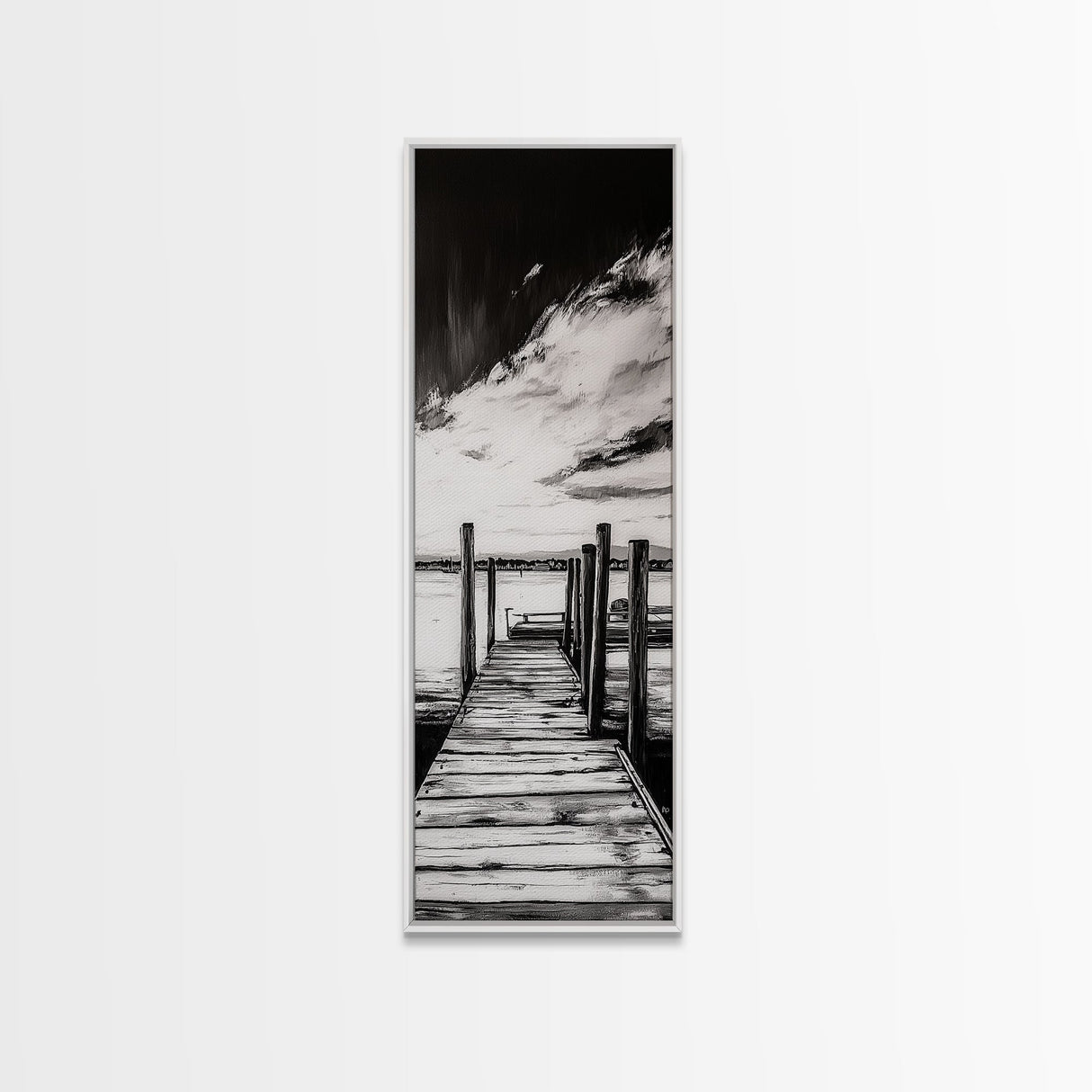 Wooden Dock, Black and White Lake Art, Rustic Cabin Wall Decor, Peaceful Waterfront Scene, Minimalist Landscape, Canvas Print