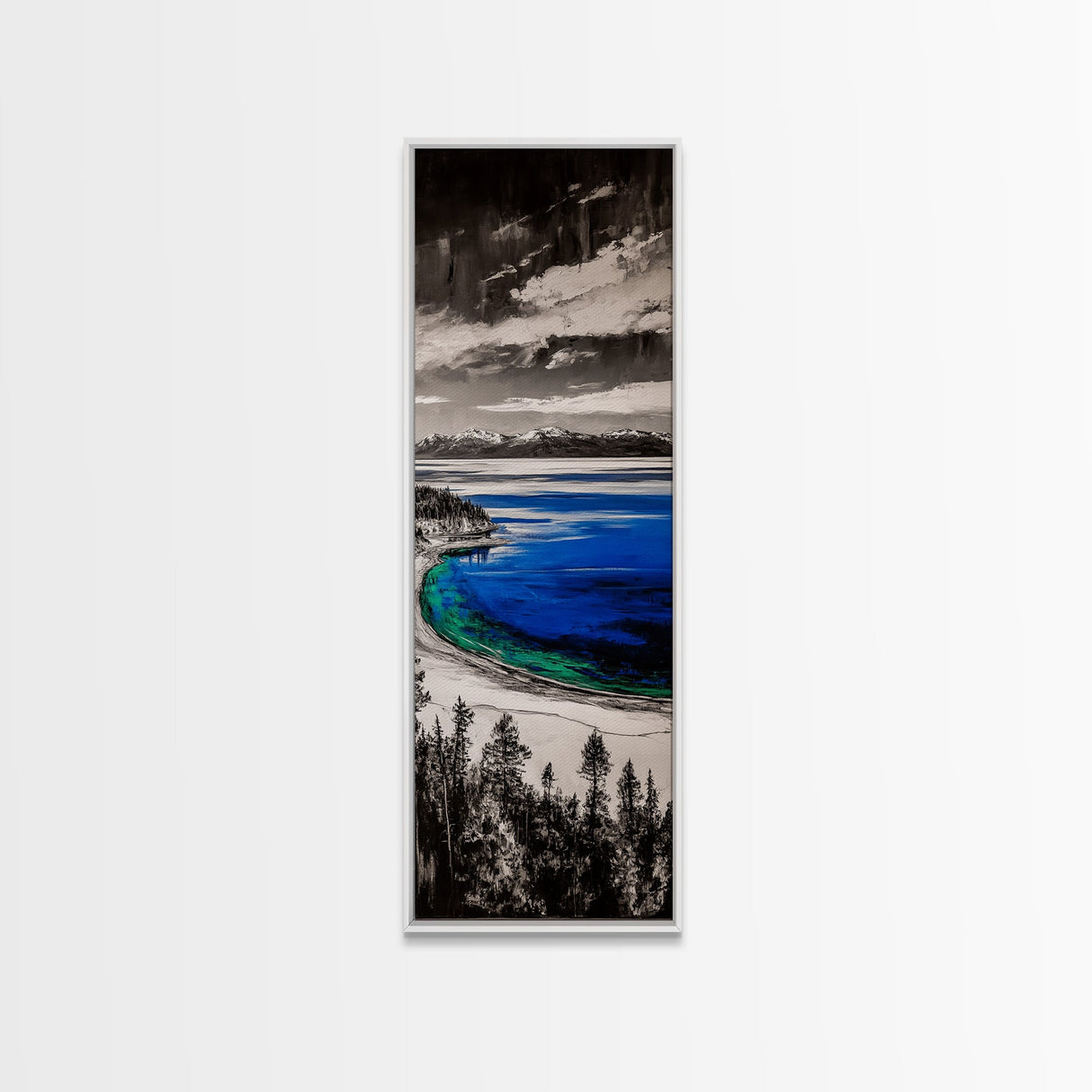 Lake View, Mountain Reflection, Black and White Art, Framed Canvas Print, Cabin Decor, Nature Inspired, Peaceful Wall Art