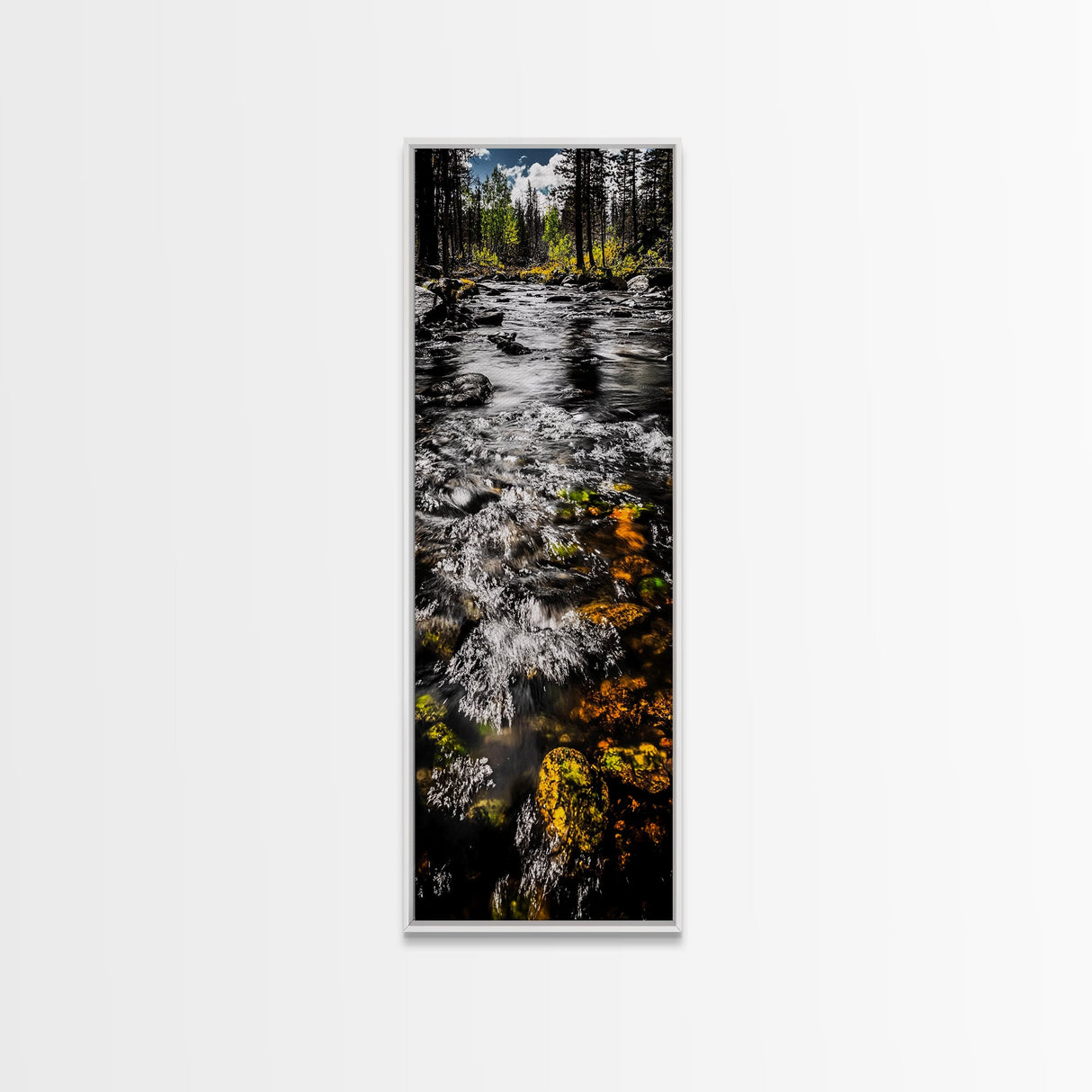 Flowing River Scene, Nature Photography, Tranquil Landscape Art, Framed Canvas Print, Cabin Wall Decor, Rustic Home Artwork, Autumn Theme