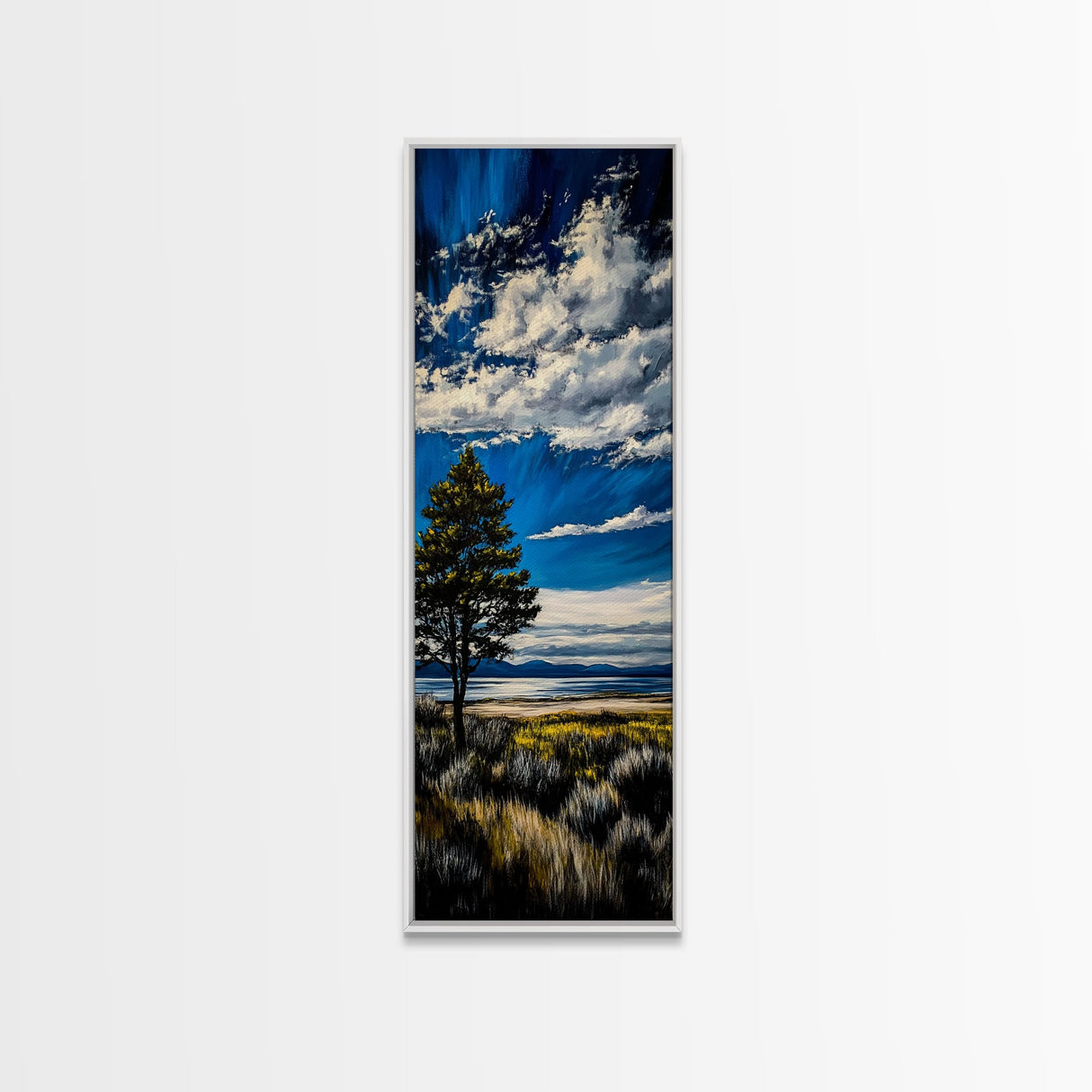 Serene Countryside Scene, Blue Sky Landscape, Peaceful Nature Art, Framed Canvas Print, Minimalist Home Decor, Bedroom Wall Art