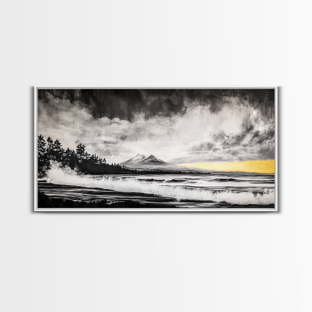Stormy Ocean, Mountain View, Dramatic Landscape, Coastal Art, Black and White, Framed Canvas Print, Modern Wall Art, Office Decor