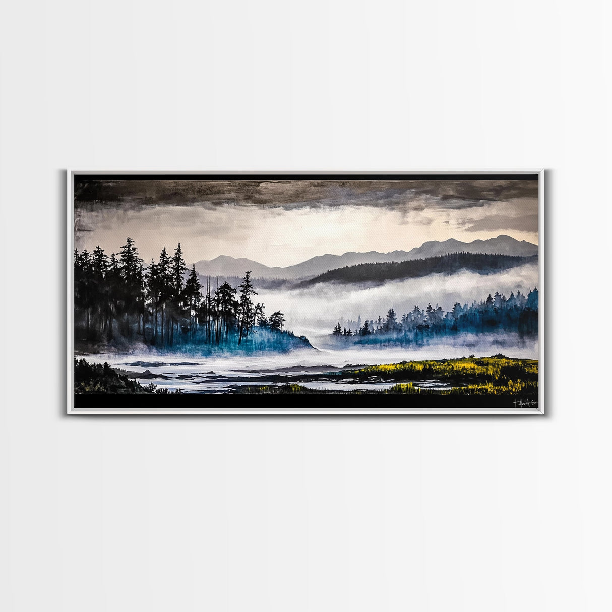 Misty Forest, Foggy Mountains, Tranquil Nature, Framed Canvas Print, Nordic Wall Art, Living Room Decor, Large Landscape, Moody Home Art