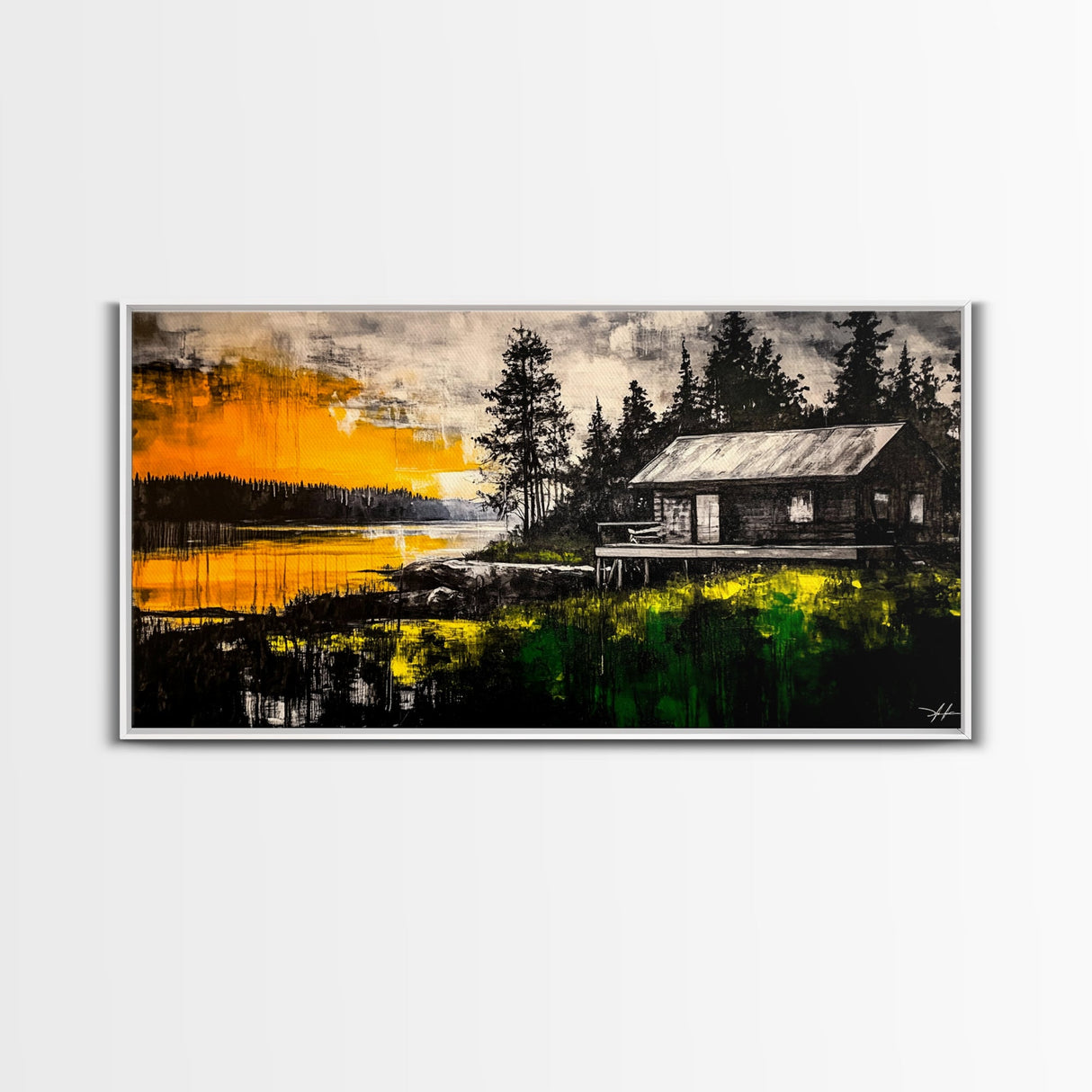 Rustic Cabin Art, Golden Sunset Canvas Print, Autumn Landscape Painting, Nature Wall Decor, Cozy Home Aesthetic, Framed Canvas Print