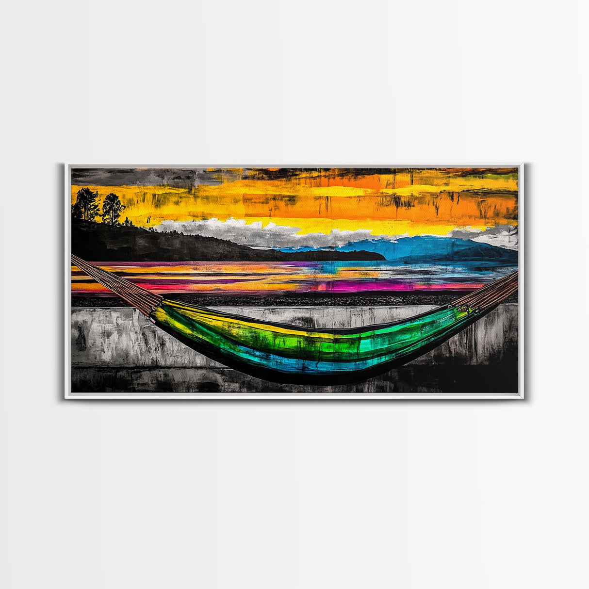 Hammock Sunset Relaxation Art, Framed Canvas Print, Colorful Beach Wall Art, Tropical Home Decor, Vibrant Living Room Art, Boho Art