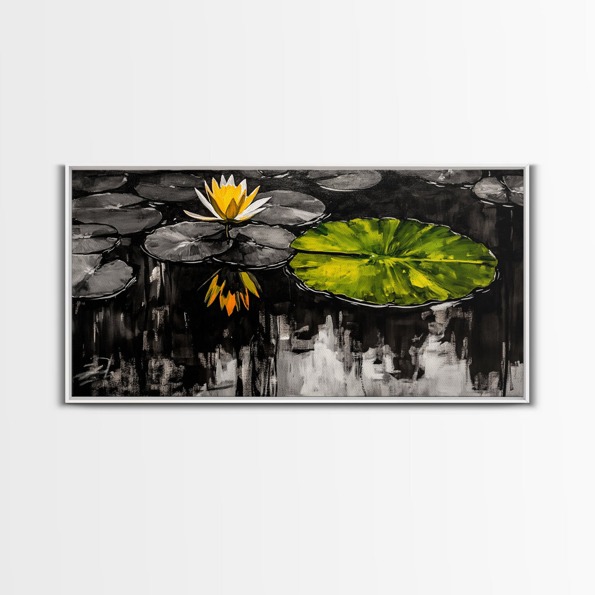 Lotus Pond, Serenity, Zen, Framed Canvas Print, Black and White Nature Art, Japanese Water Lily Decor, Minimalist Meditation Wall Art