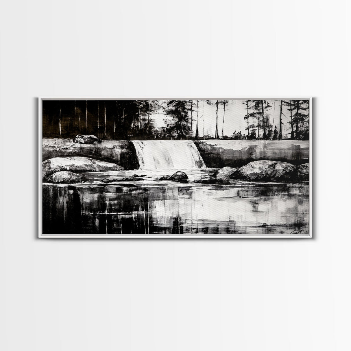 Waterfall Landscape, Black and White Nature Art, Forest Wall Decor, Rustic Art, Minimalist Landscape, Cabin Artwork, Framed Canvas Print