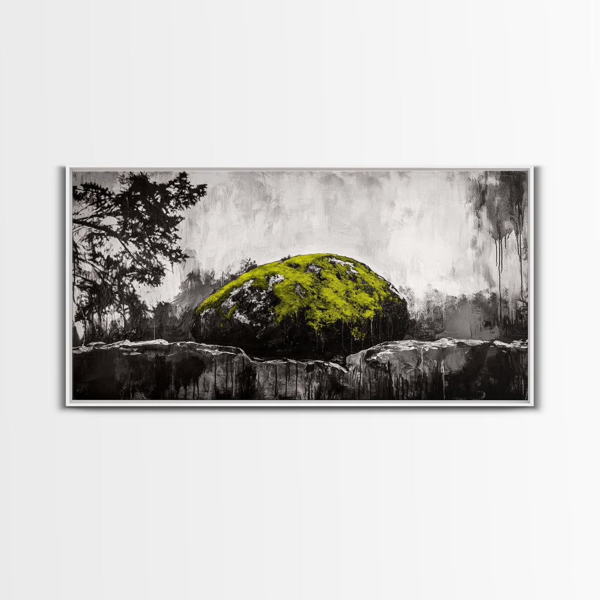 Mossy Rock, Abstract Nature, Green and Black Art, Canvas Print, Rustic Wall Decor, Boho Artwork, Modern Farmhouse Decor