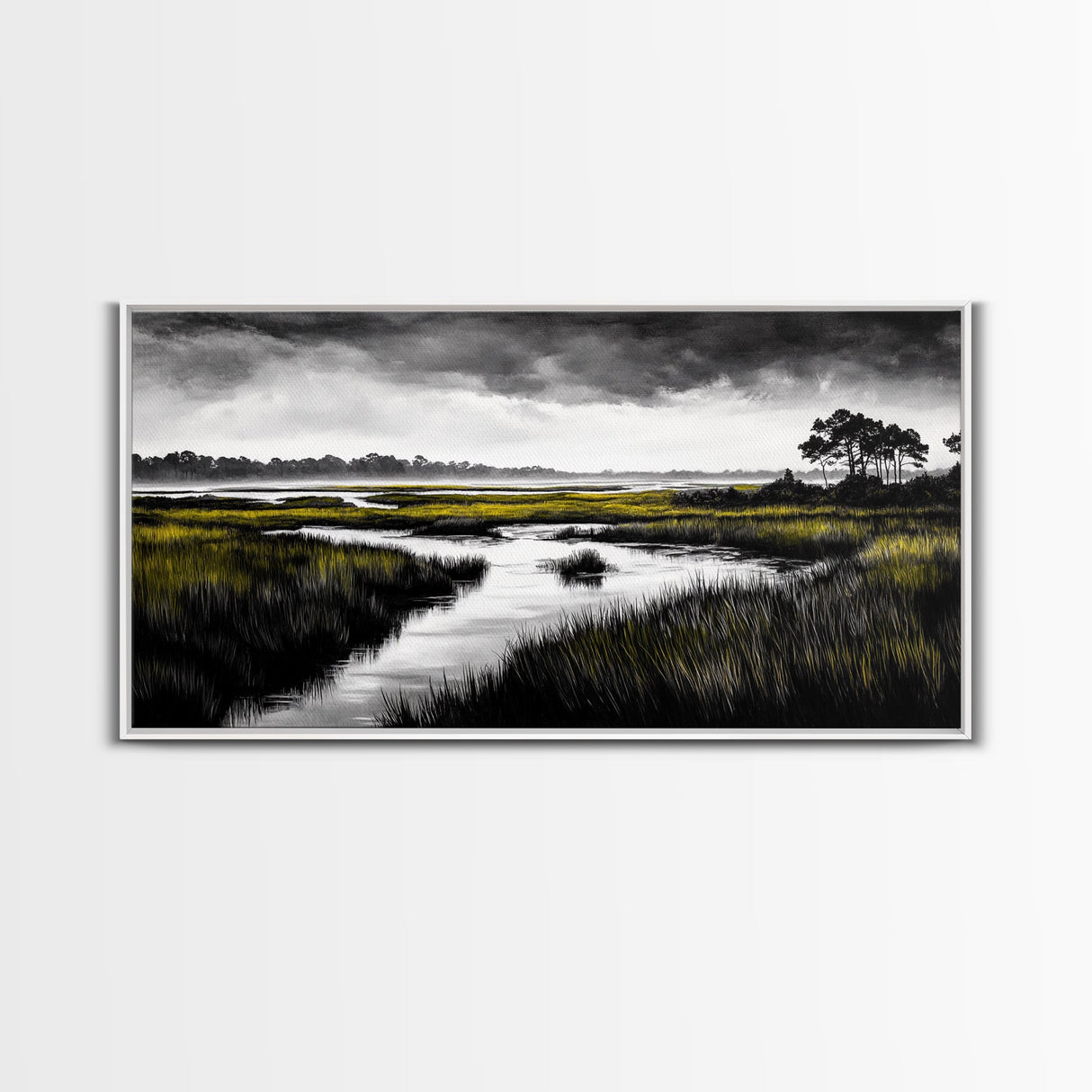 Marshland Scene, Serene Landscape, Black and White Nature Art, Modern Decor, Misty Grasslands, Living Room Artwork, Framed Canvas Print