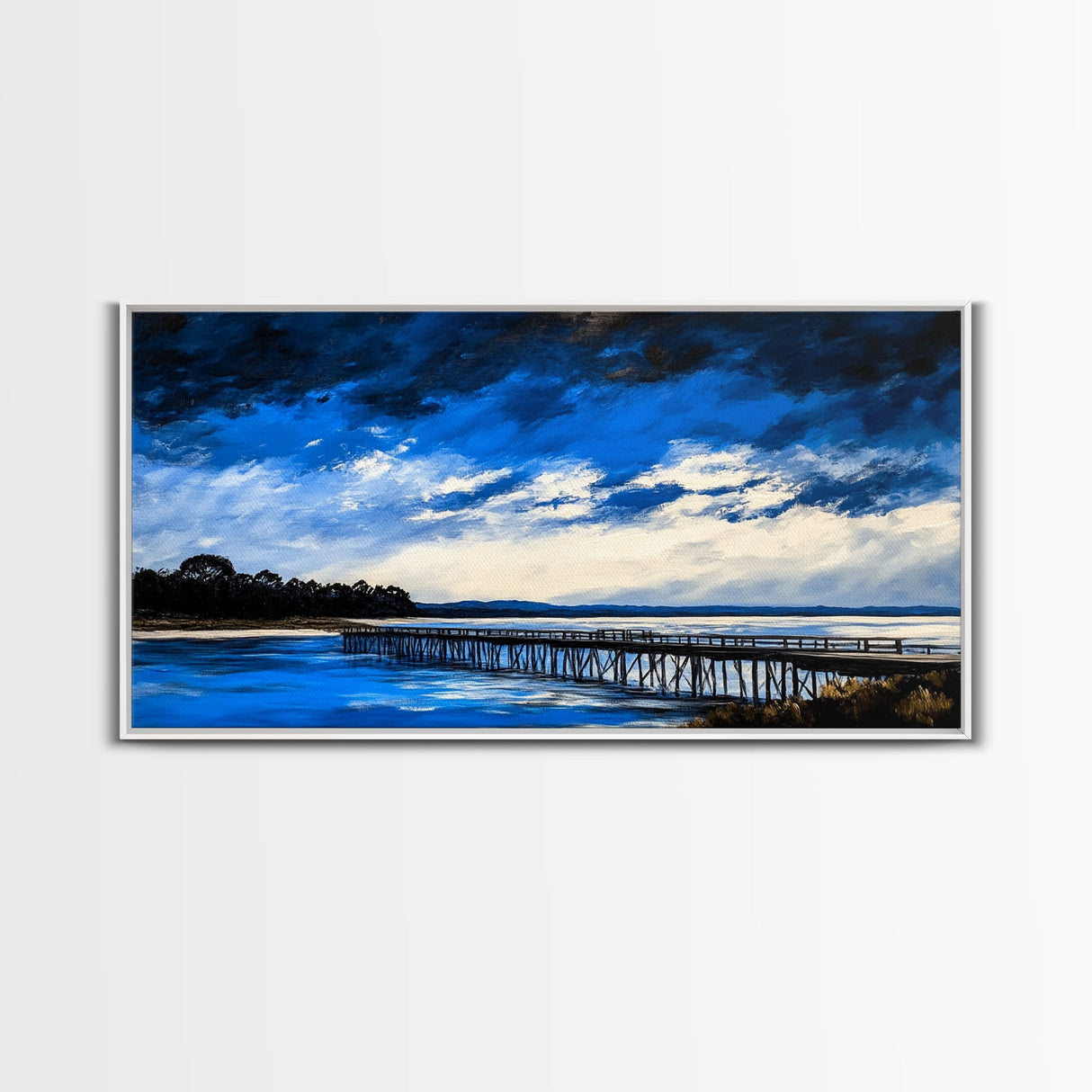 Blue Pier, Lake Scene, Stormy Sky, Framed Canvas Print, Nautical Art, Minimalist Landscape, Bedroom Wall Decor, Large Wall Art
