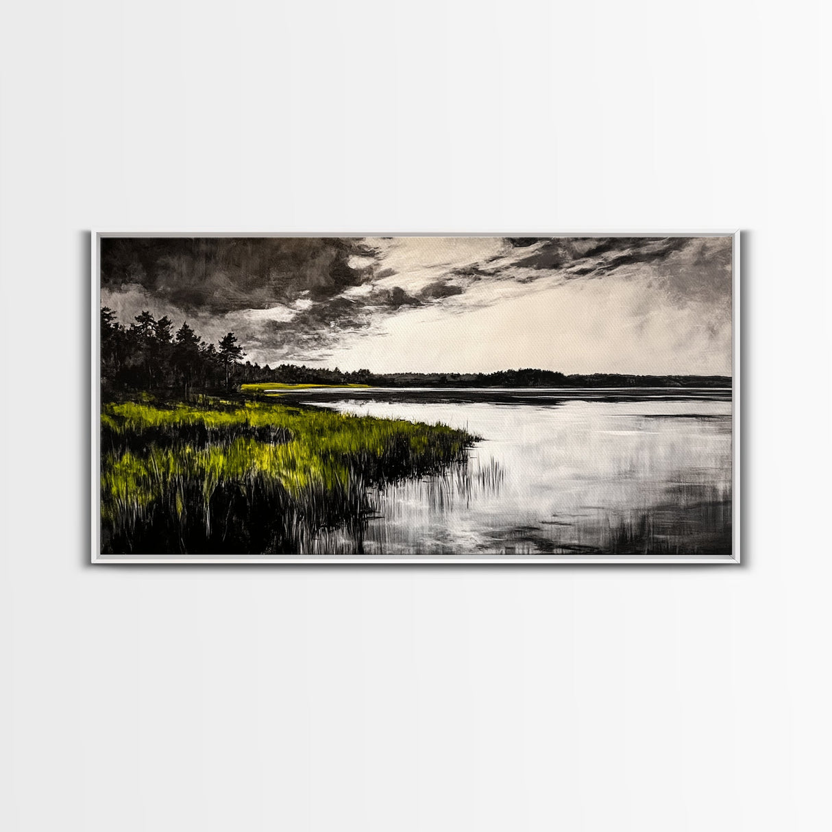 Marshland, Moody Sky, Lakeside View, Canvas Print, Nature Photography, Living Room Wall Art, Rustic Landscape, Neutral Tones Decor