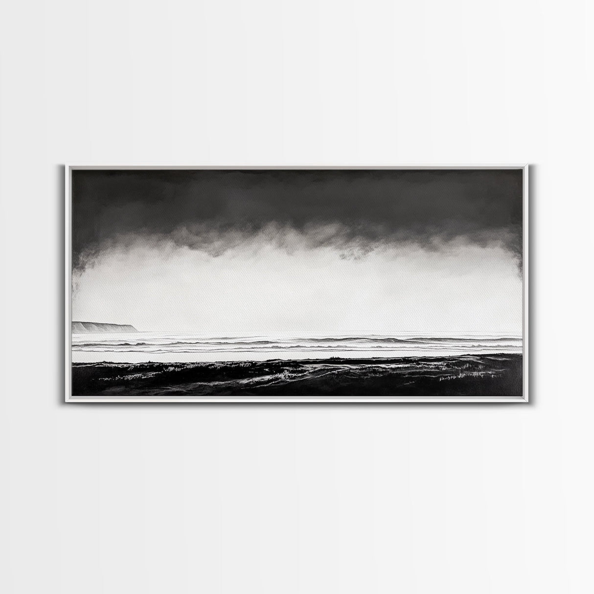 Foggy Ocean, Misty Beach, Black and White Minimalist, Canvas Print, Modern Wall Art, Bedroom Decor, Neutral Tones, Serene Seascape