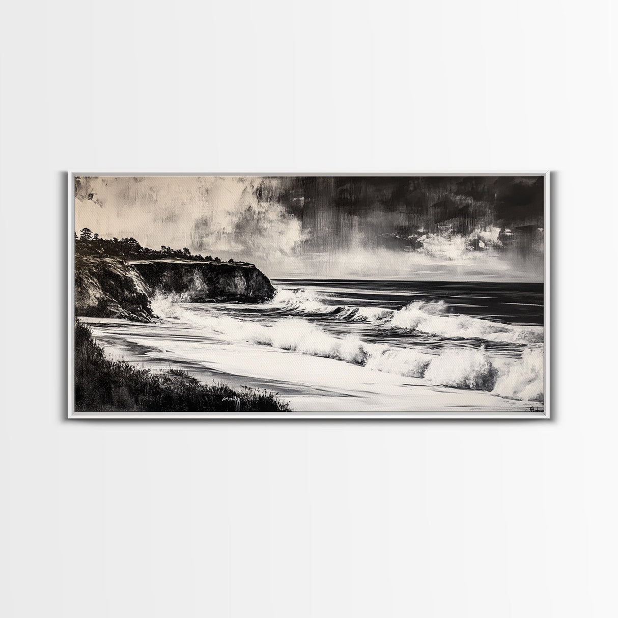 Ocean Waves, Coastal Landscape, Black and White, Framed Canvas Print, Nautical Wall Art, Minimalist Art, Living Room Wall Decor