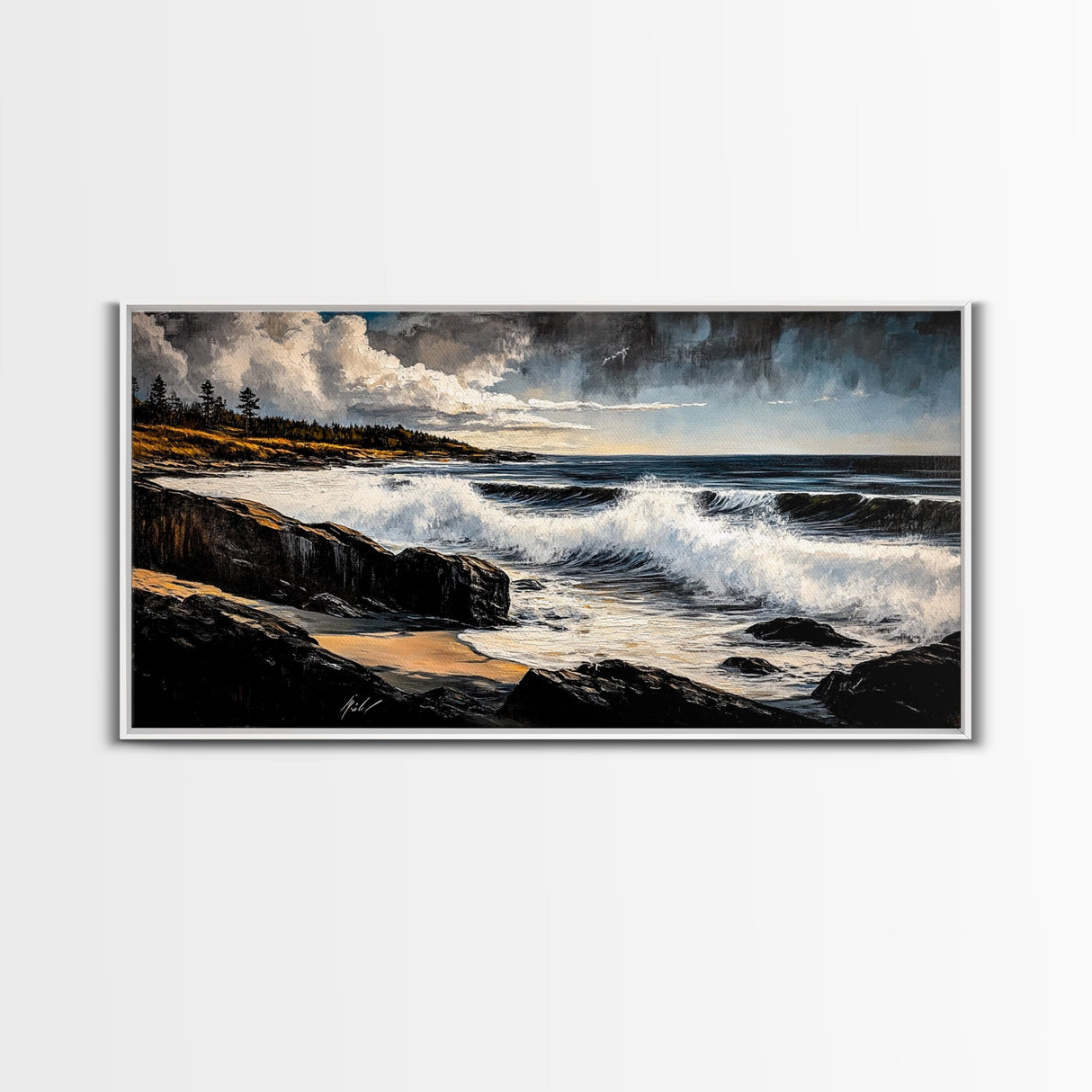 Stormy Waves, Dramatic Seascape, Moody Sky, Framed Canvas Print, Beach House Art, Living Room Wall Art, Modern Coastal Decor