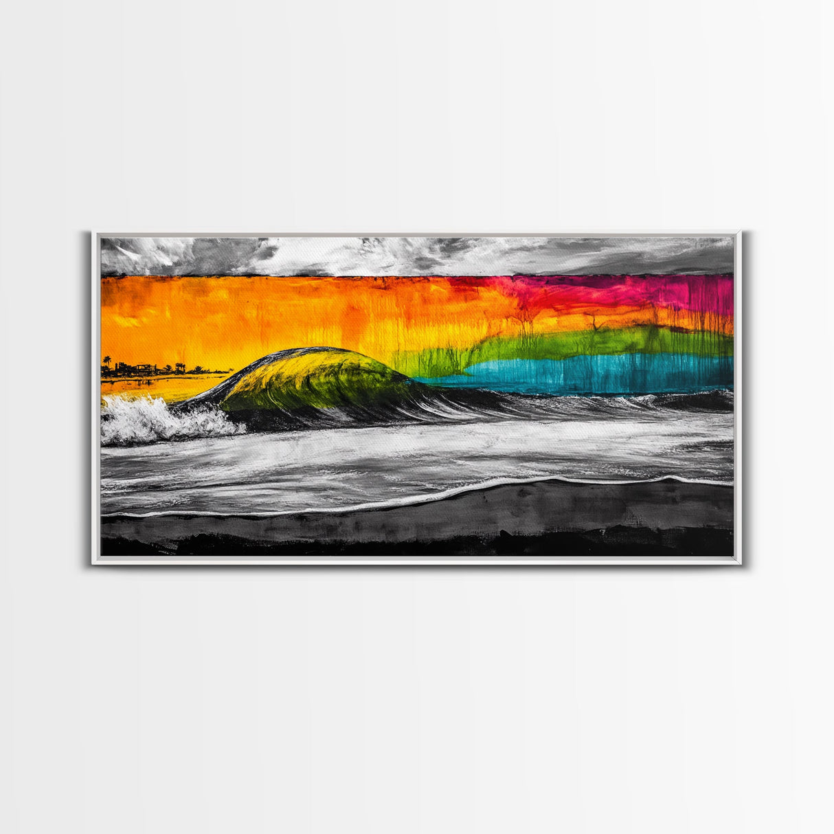 Colorful Wave, Tropical Sunset, Surf Art, Canvas Print, Beach Wall Art, Coastal Decor, Vibrant Ocean Painting, Framed Canvas Print, Large Wall Art